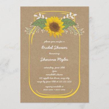 Sunflower Mason Jar Bridal Shower Invitations