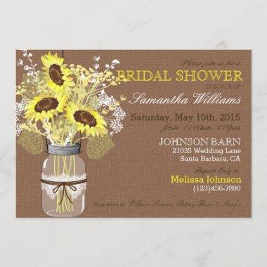 Sunflower Mason Jar Burlap Rustic Bridal Shower Invitations