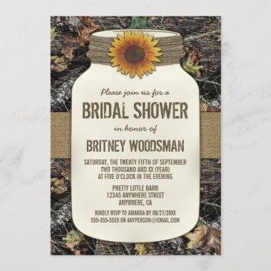 Sunflower Mason Jar Camo Bridal Shower Invitations