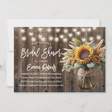 Sunflower Mason Jar Rustic Wedding Bridal Shower Invitations