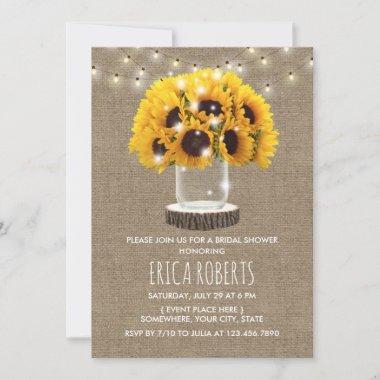 Sunflower Mason Jar & String Lights Bridal Shower Invitations