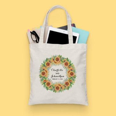 Sunflower Modern Floral Watercolor Wreath Tote Bag