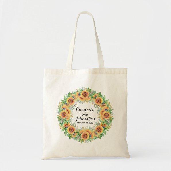 Sunflower Modern Floral Watercolor Wreath Tote Bag