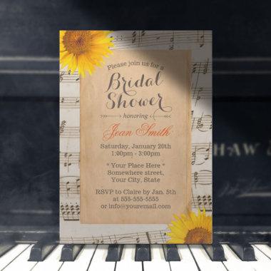 Sunflower & Music Sheet Vintage Bridal Shower Invitations