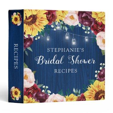 Sunflower Navy Blue Bridal Shower Recipe 3 Ring Binder