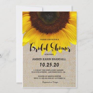 Sunflower on Burlap Rustic Country Bridal Shower Invitations