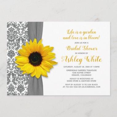 Sunflower Pewter Grey Damask Bridal Shower Invite