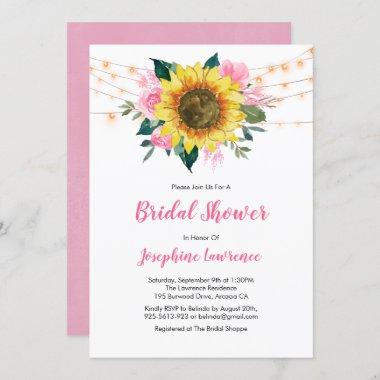 Sunflower Pink Rose Lights Bridal Shower Invitations