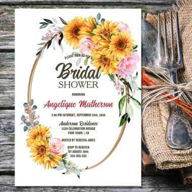 Sunflower Pink Rose Oval Bridal Shower Invitations