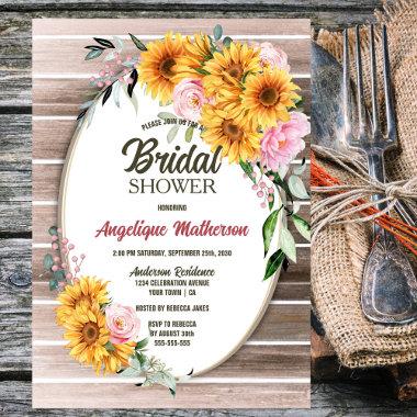 Sunflower Pink Rose Oval Wood Bridal Shower Invitations