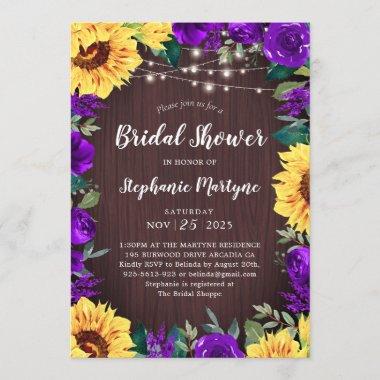 Sunflower Purple Floral Border Bridal Shower Invitations