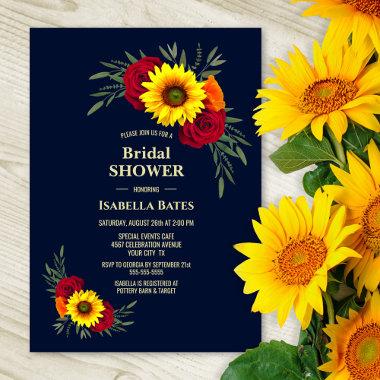Sunflower Red Rose Navy Blue Bridal Shower Invitations