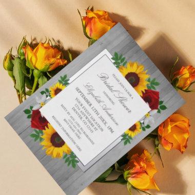 Sunflower Rose Autumn Floral Wood Bridal Shower Foil Invitations