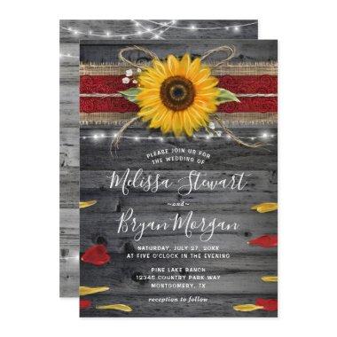 Sunflower Rose Burgundy Lace Rustic Wood Wedding Invitations