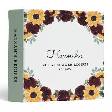 Sunflower Roses Bridal Shower Recipe Book 3 Ring Binder