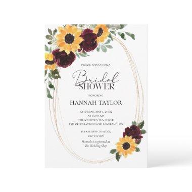 Sunflower Roses Burgundy Floral Bridal Shower Invitations