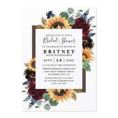 Sunflower Roses Burgundy Navy Blue Bridal Shower Invitations