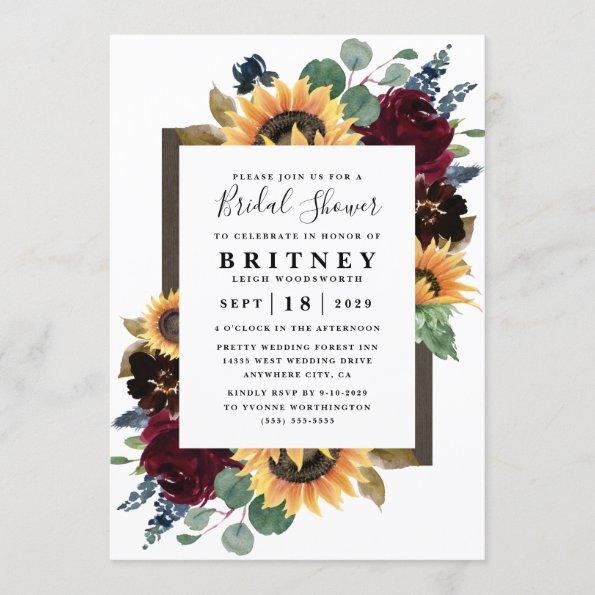 Sunflower Roses Burgundy Navy Blue Bridal Shower Invitations