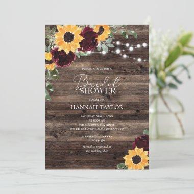 Sunflower Roses Burgundy Wood Bridal Shower Invitations
