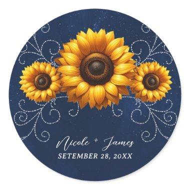 Sunflower Sparkle Blue Rustic Glam  Classic Round Sticker