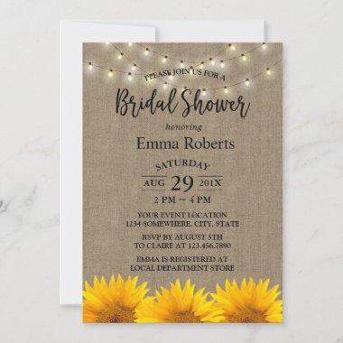 Sunflower & String Lights Rustic Bridal Shower Invitations