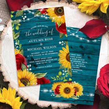 Sunflower Teal Burgundy Rose Rustic Wood Wedding