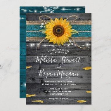 Sunflower Teal Burlap Lace Rustic Wood Wedding Invitations