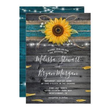 Sunflower Teal Burlap Lace Rustic Wood Wedding