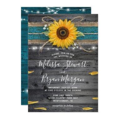 Sunflower Teal Burlap Lace Rustic Wood Wedding Invitations