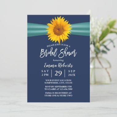 Sunflower Teal Ribbon Navy Blue Bridal Shower Invitations