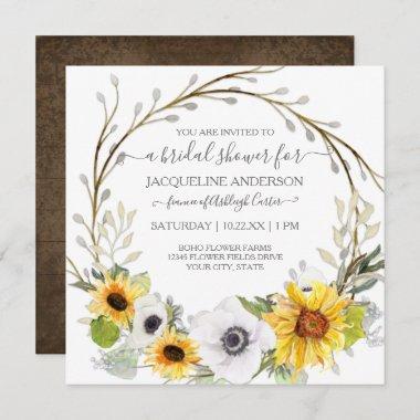 Sunflower Watercolor White Floral Bridal Shower Invitations