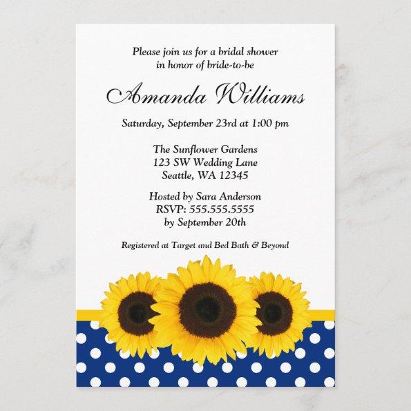 Sunflower White and Blue Polka Dot Bridal Shower Invitations