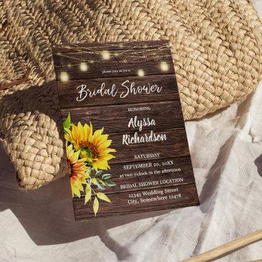 Sunflower Wood & String Lights Bridal Shower Invitations