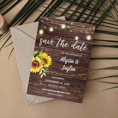 Sunflower Wood & String Lights Save the Date Invitations