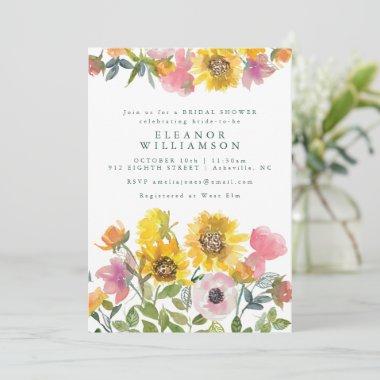 Sunflower Yellow Watercolor Floral Bridal Shower Invitations
