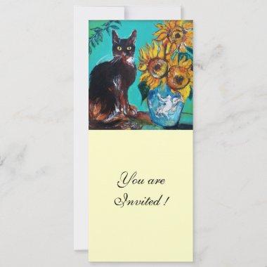 SUNFLOWERS AND BLACK CAT IN BLUE TEAL Summer Party Invitations