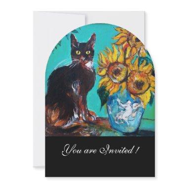 SUNFLOWERS AND BLACK CAT IN BLUE TEAL Summer Party