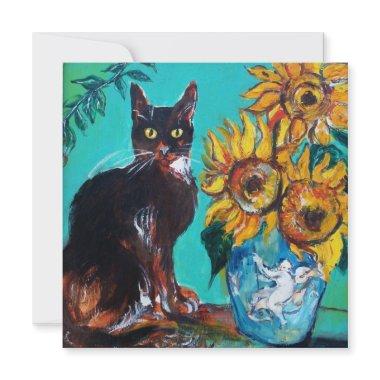 SUNFLOWERS AND BLACK CAT IN BLUE TEAL Summer Party Invitations