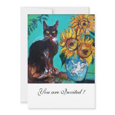 SUNFLOWERS AND BLACK CAT IN BLUE TEAL Summer Party Invitations