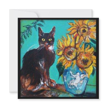 SUNFLOWERS AND BLACK CAT IN BLUE TEAL Summer Party Invitations