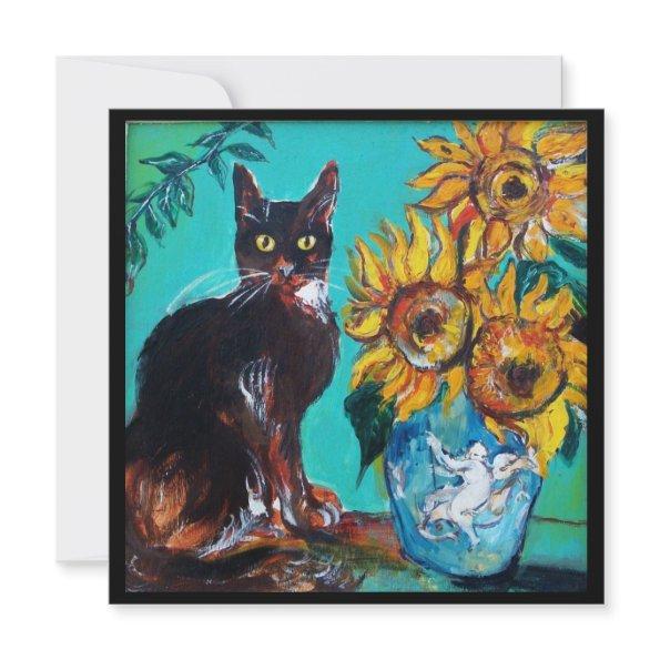 SUNFLOWERS AND BLACK CAT IN BLUE TEAL Summer Party