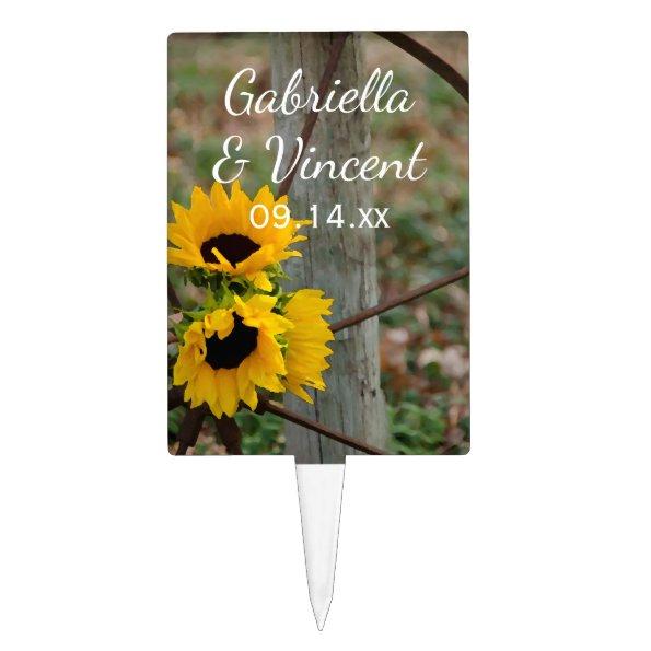 Sunflowers and Wagon Wheel Country Western Wedding Cake Topper