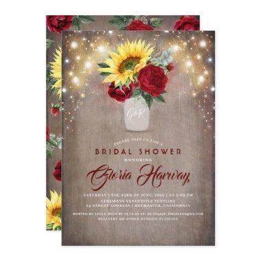 Sunflowers Burgundy Red Rustic Fall Bridal Shower Invitations