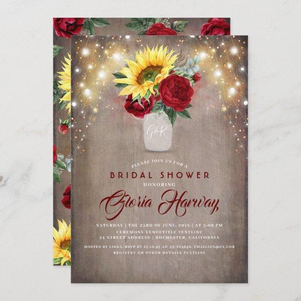 Sunflowers Burgundy Red Rustic Fall Bridal Shower Invitations