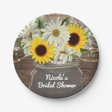 Sunflowers & Daisies Mason Jar Sparkle Rustic Chic Paper Plates