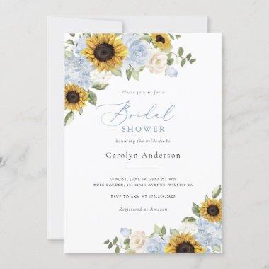 Sunflowers Dusty Blue Floral Rustic Bridal Shower Invitations