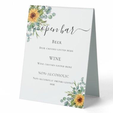 Sunflowers eucalyptus greenery bar menu table tent sign