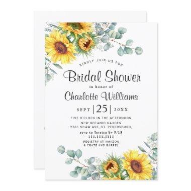 Sunflowers Eucalyptus Watercolor Bridal Shower Invitations