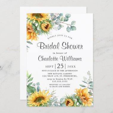 Sunflowers Eucalyptus Watercolor Bridal Shower Invitations