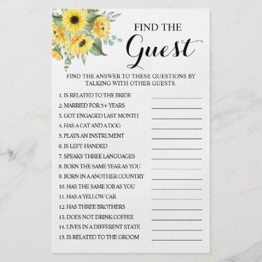 Sunflowers Find the Guest Bridal Shower Game Invitations Flyer